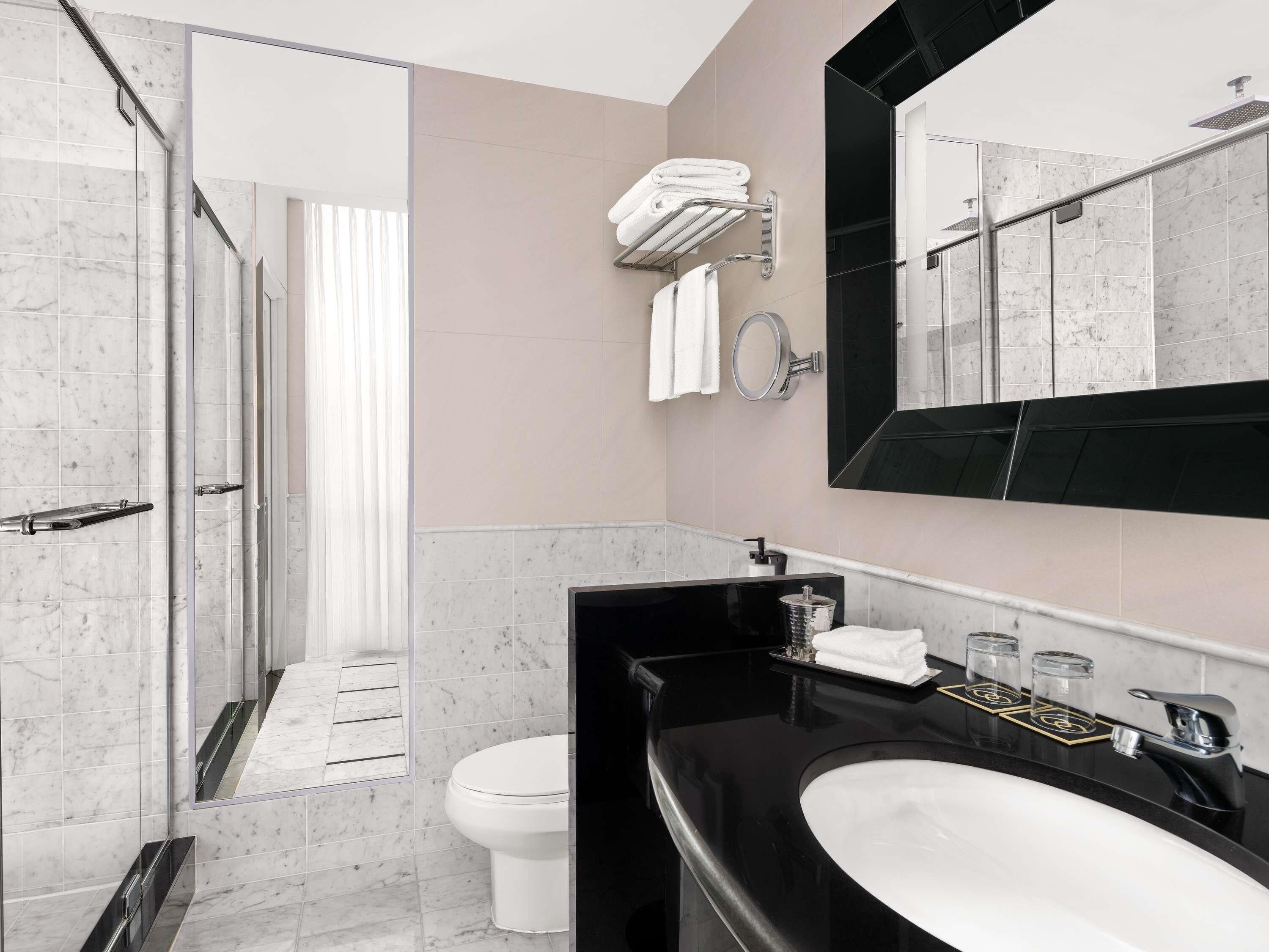 A modern bathroom with a glass shower, a toilet, a black sink, and a large mirror.