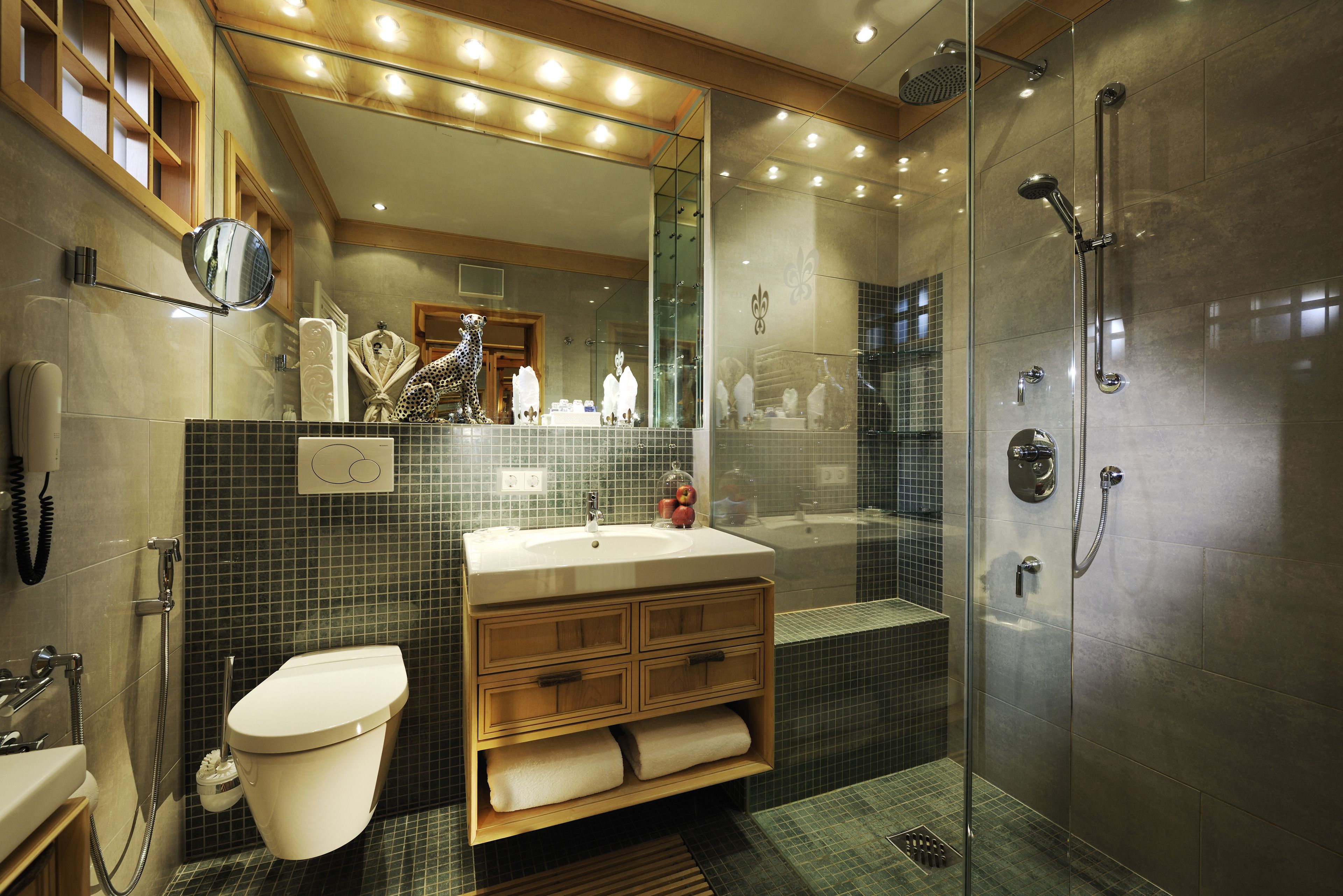 Shower, bathrobes, slippers, towels