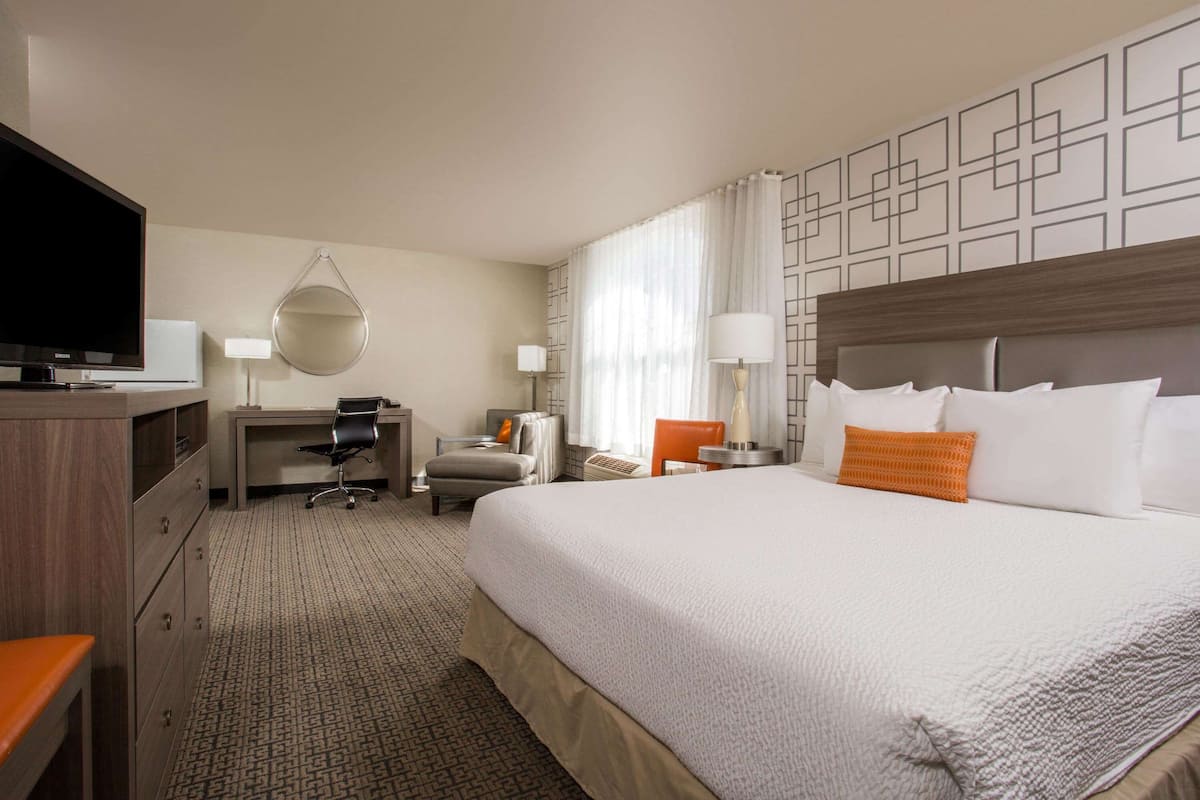 A hotel room with a large bed, a desk, a chair, a television, and a wall-mounted mirror.