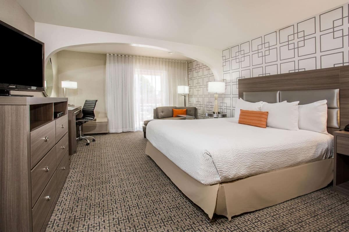 A hotel room with a large bed, a desk with a chair, a television, and a patterned carpet.