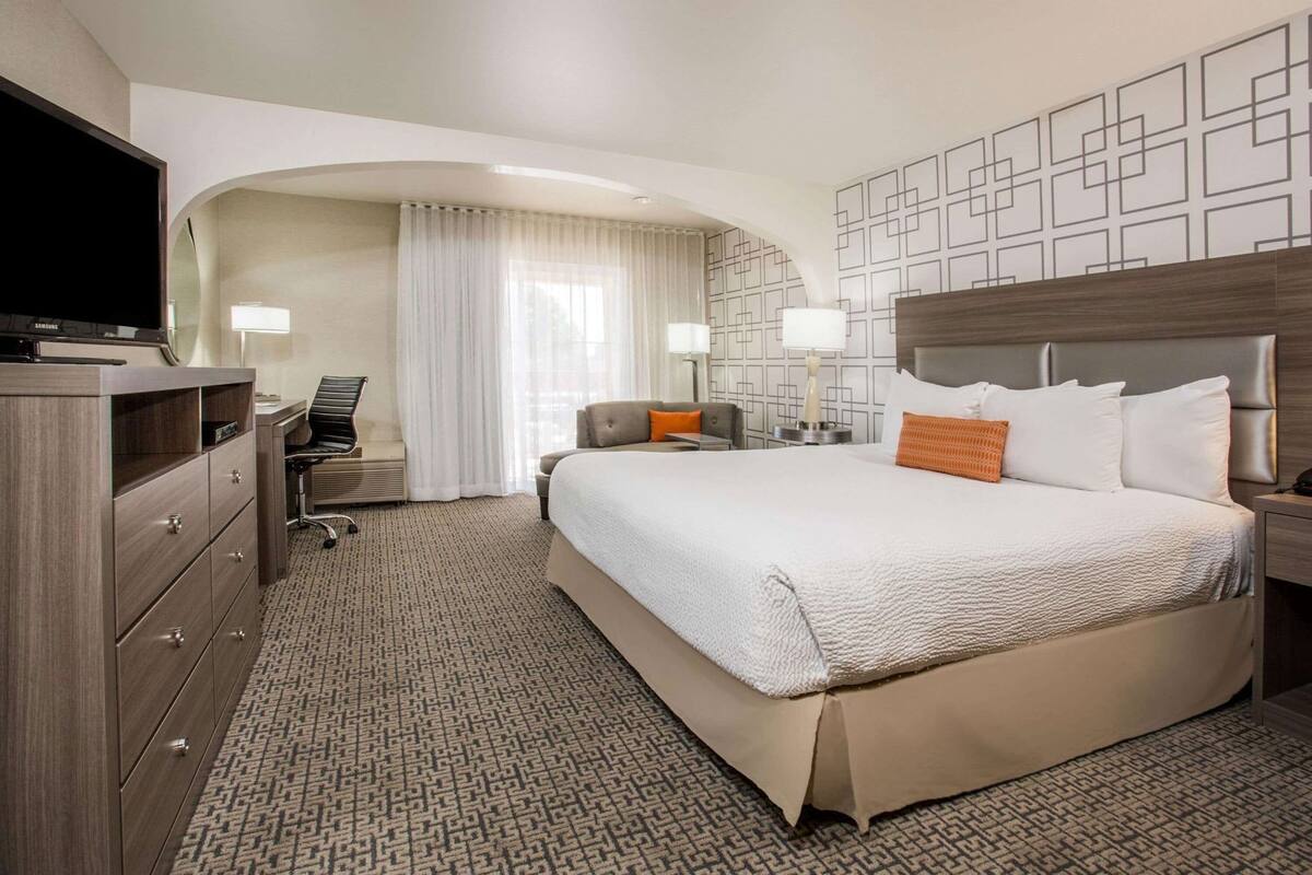 A hotel room with a large bed, a desk with a chair, a television, and a patterned carpet.