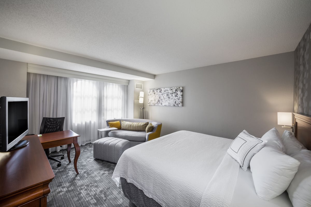 hypo-allergenic bedding, desk, laptop workspace, iron/ironing board