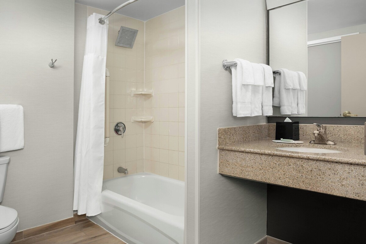 Une salle de bain avec douche, toilettes et lavabo.