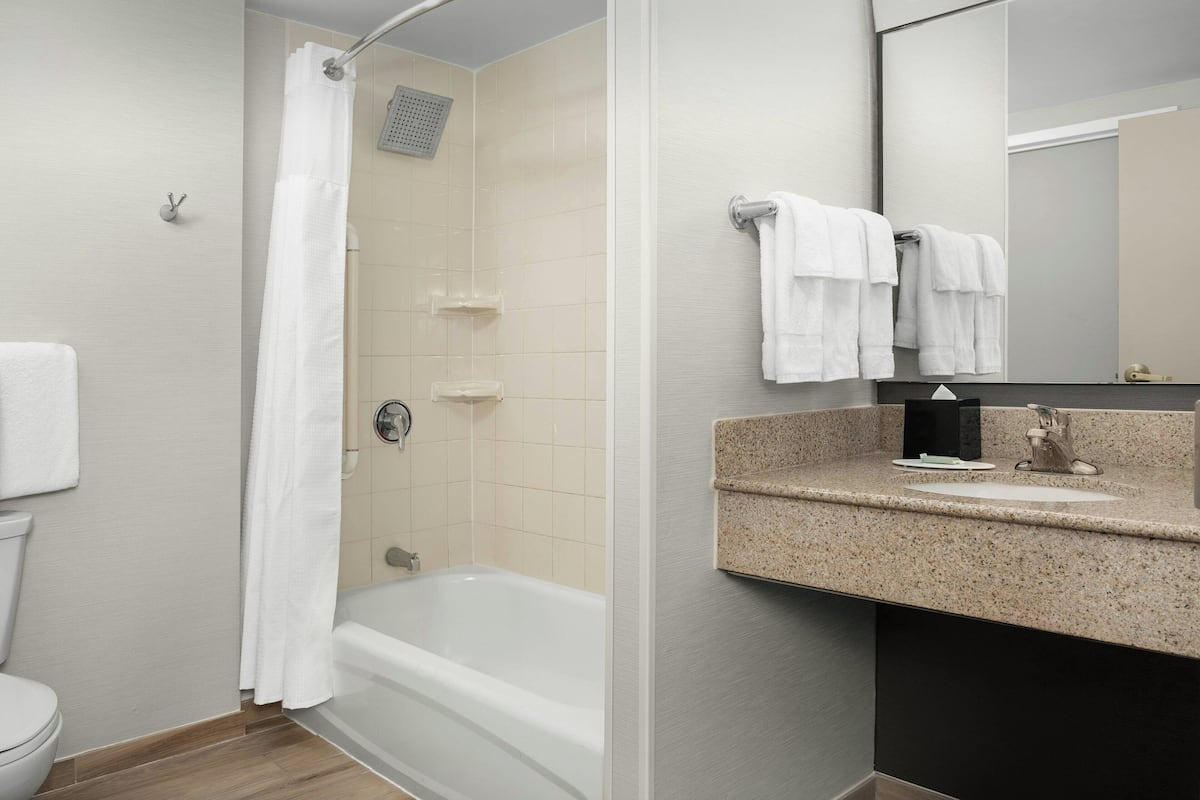 combined shower/bathtub, hair dryer, towels