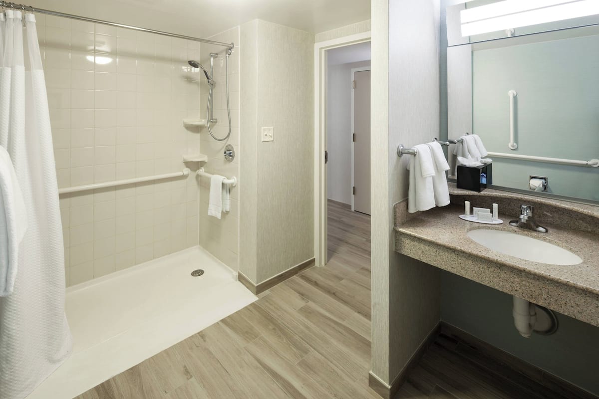 combined shower/bathtub, hair dryer, towels
