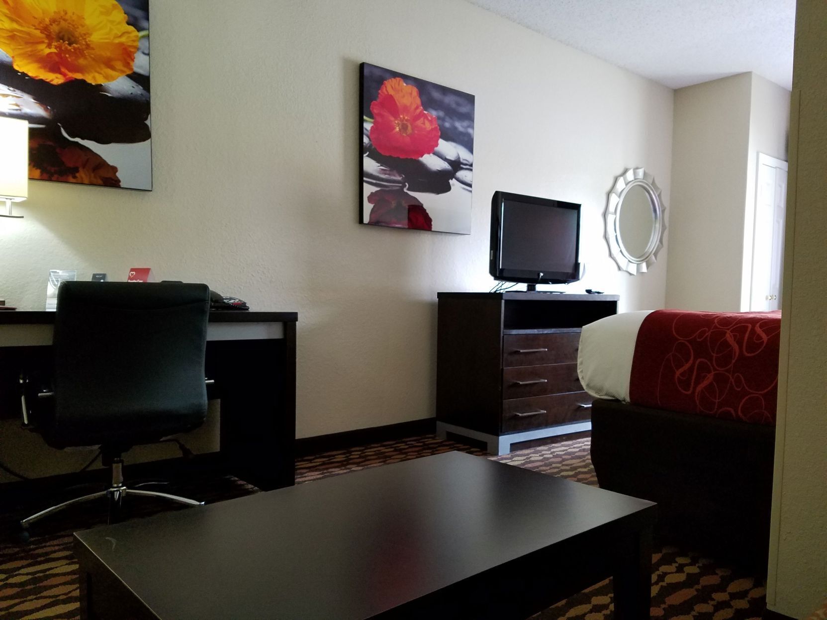 Desk, laptop workspace, blackout curtains, soundproofing
