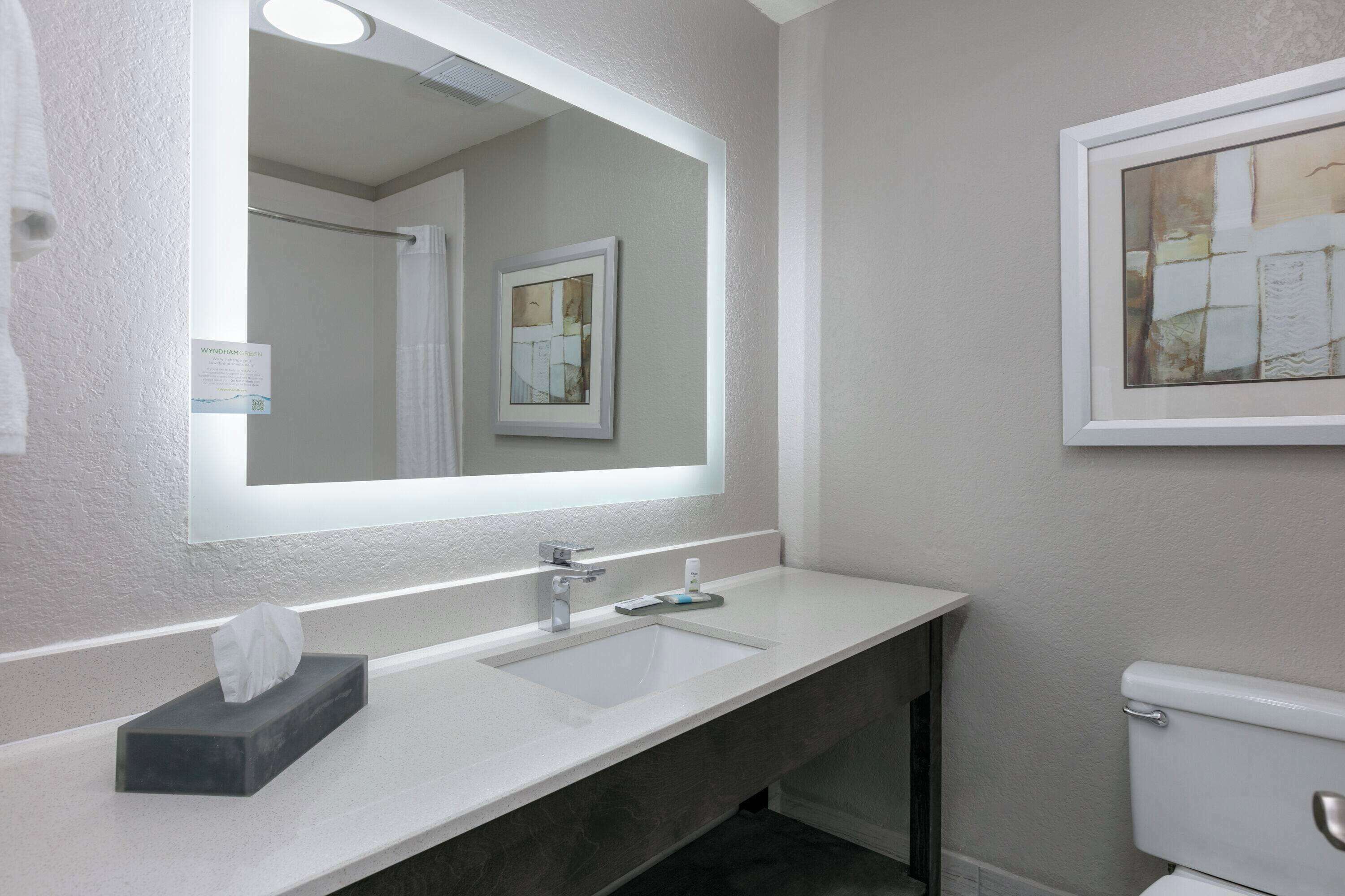 A bathroom with a white sink, a mirror, a framed artwork, and a toilet.