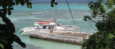 Un muelle con un barco amarrado, rodeado de agua turquesa cristalina y abundante vegetación.