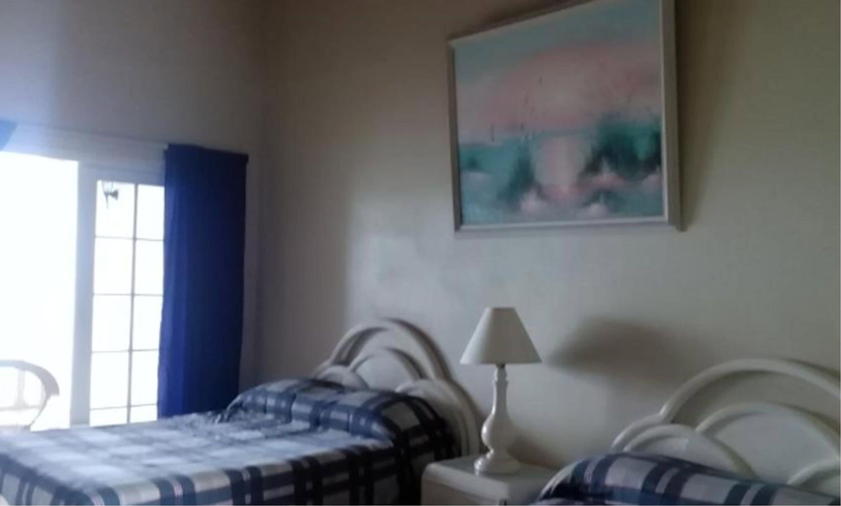 Un dormitorio con dos camas, una ventana con cortinas azules, un cuadro en la pared y una lámpara de noche.