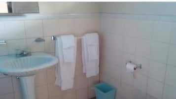 A bathroom with a sink, two towels hanging on a rack, a toilet paper holder, and a trash bin.
