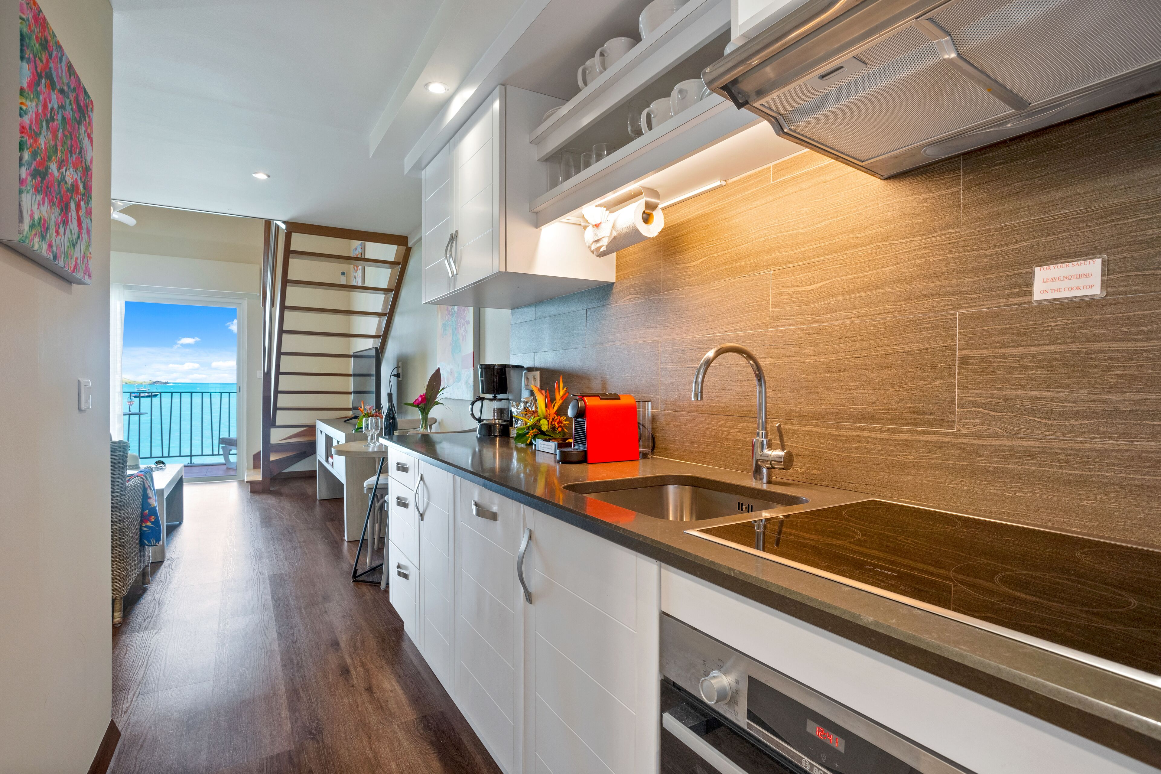 fridge, microwave, oven, espresso maker