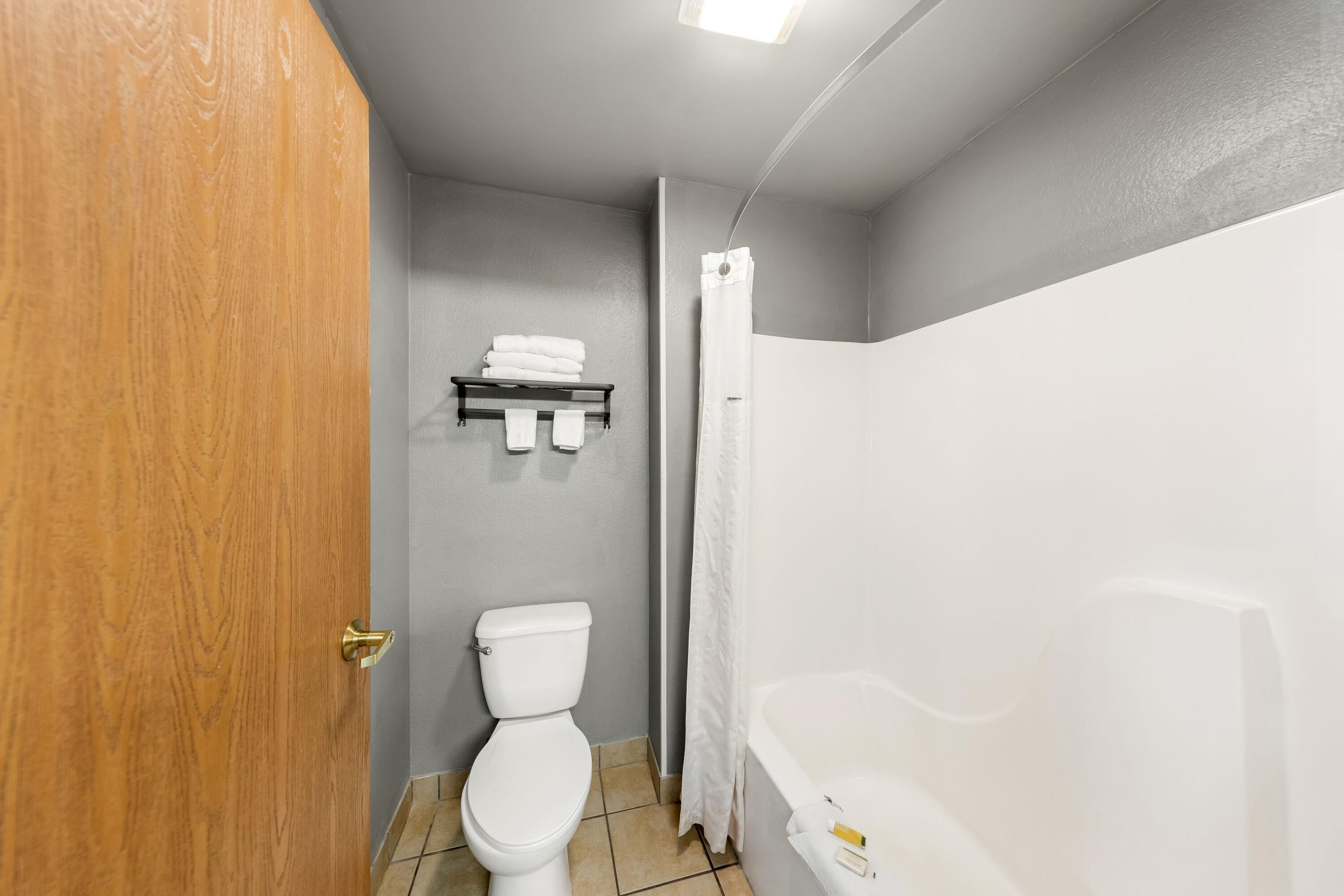 A bathroom with a toilet, a shower, and a towel rack.