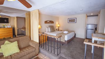 A hotel room with a bed, a sofa, a desk, a television, and a kitchen area.