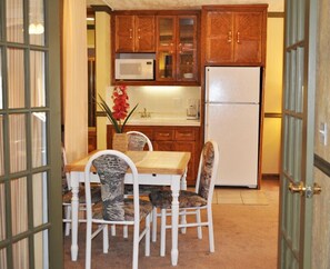 Fridge, microwave, coffee/tea maker, toaster