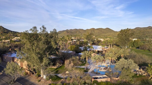 A residential area with houses, a swimming pool, and palm trees.