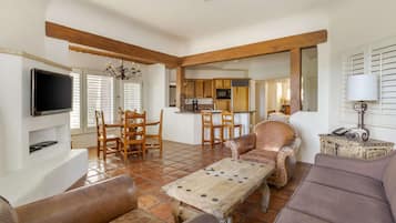 Flat-screen TV, fireplace