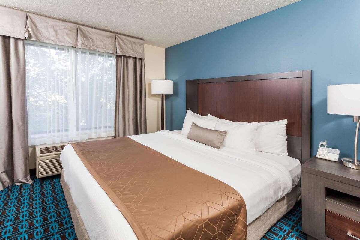 A hotel room with a large bed, a bedside table with a lamp, and a window with curtains.