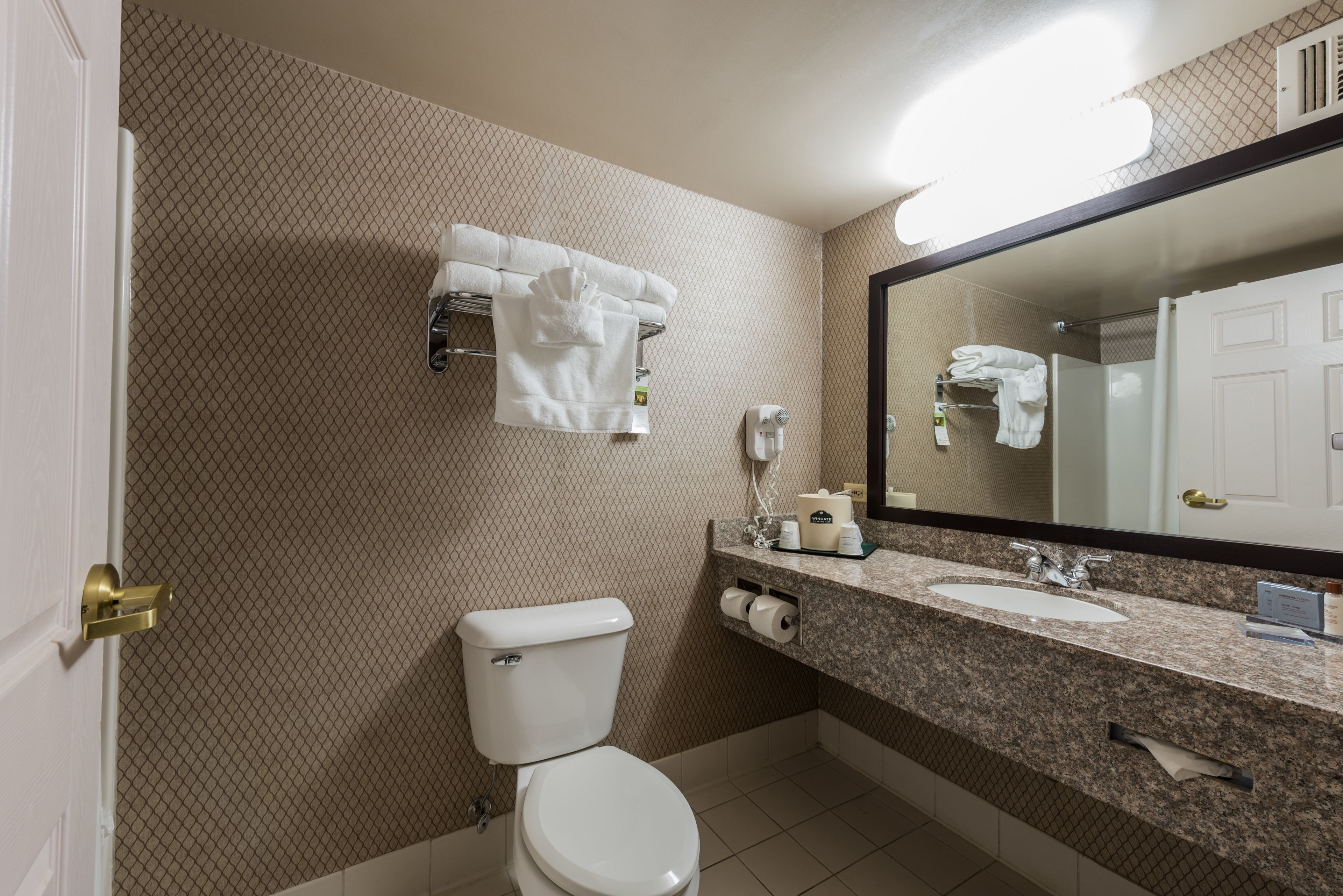 combined shower/bathtub, free toiletries, hair dryer, towels