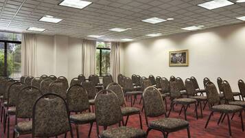 Un salón de conferencias con filas de sillas, una alfombra roja y un cuadro en la pared.