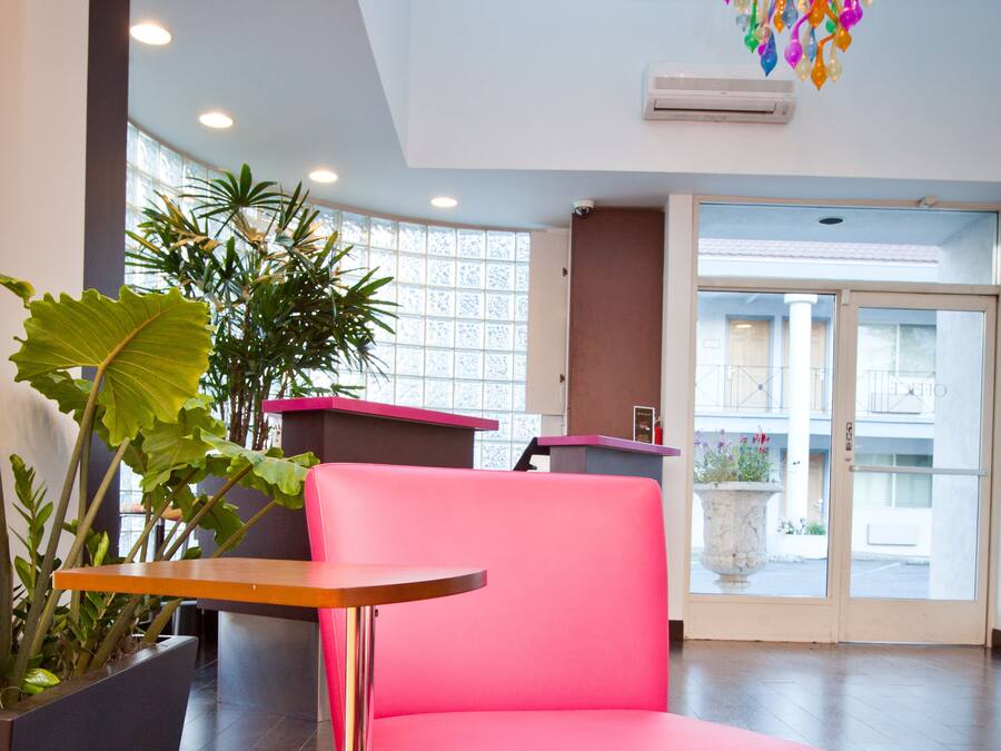 A bright room with a pink chair, a wooden table, and a large potted plant.