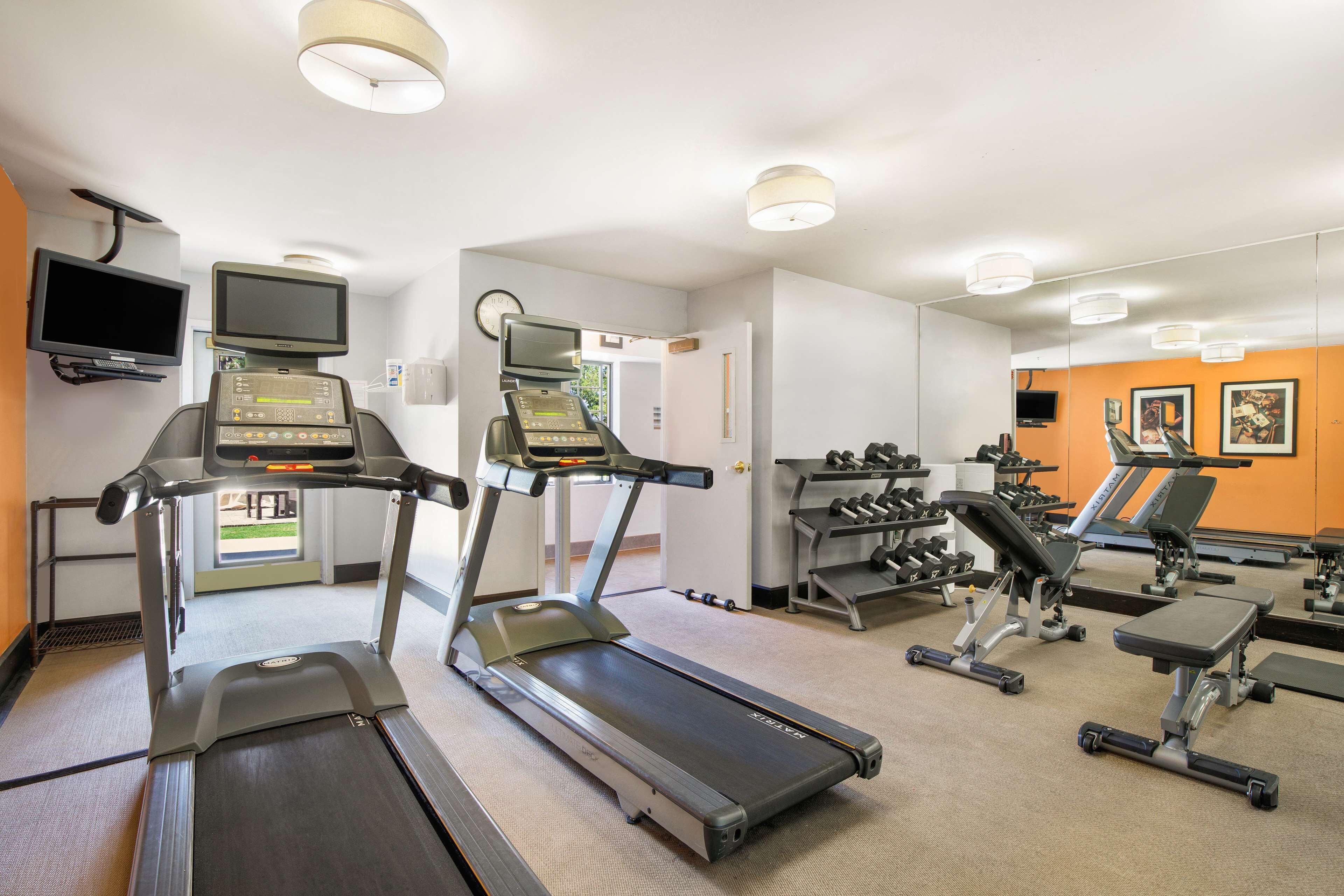 Une salle de sport équipée de tapis de course, d’appareils de musculation et d’un téléviseur.