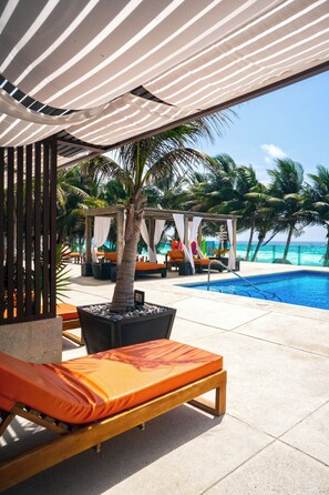 Un espace aménagé au bord de la piscine, avec des chaises longues, un palmier et une vue sur l’océan.