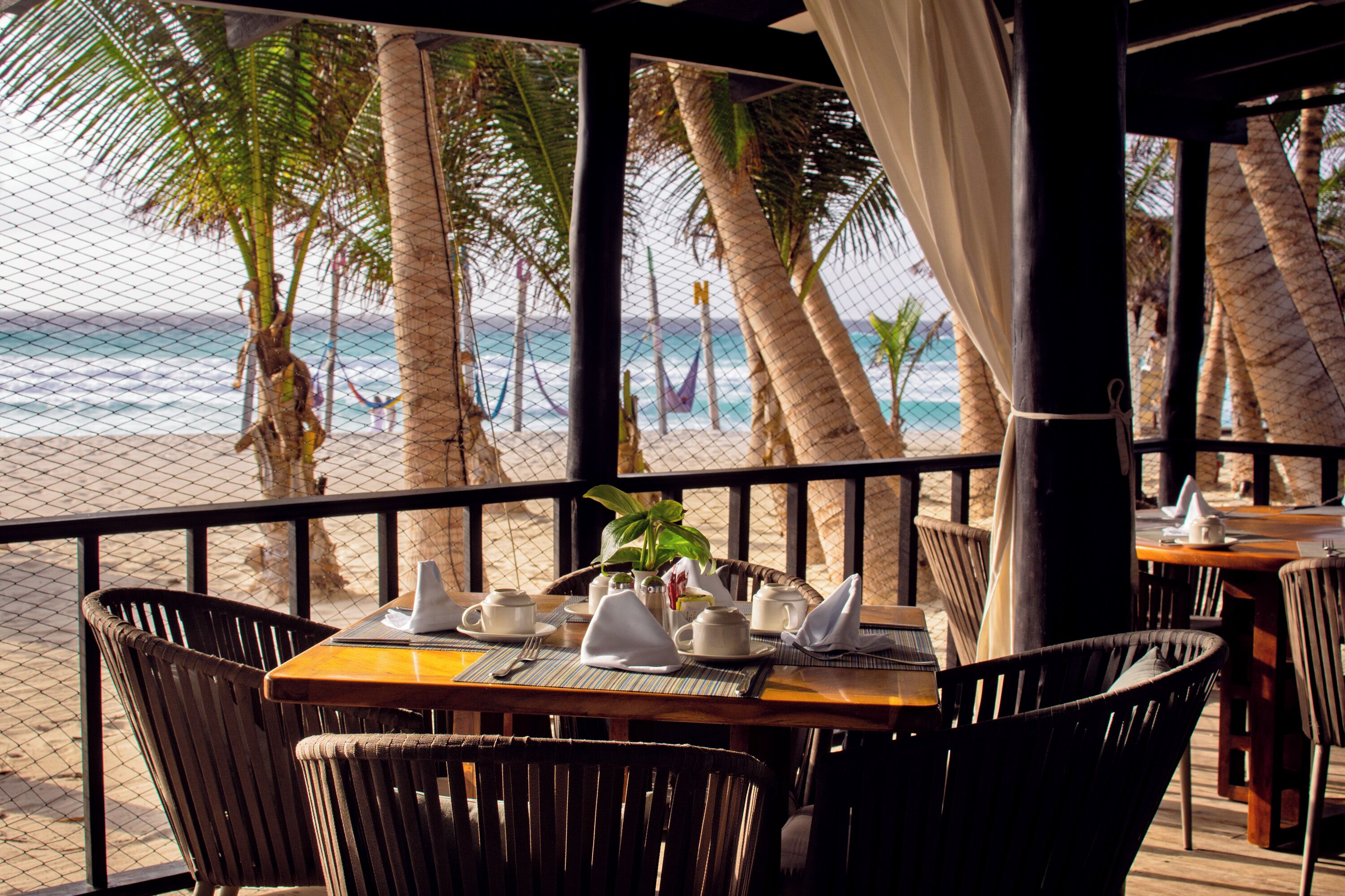 A beachside restaurant with tables and chairs, a view of the ocean, and palm trees.
