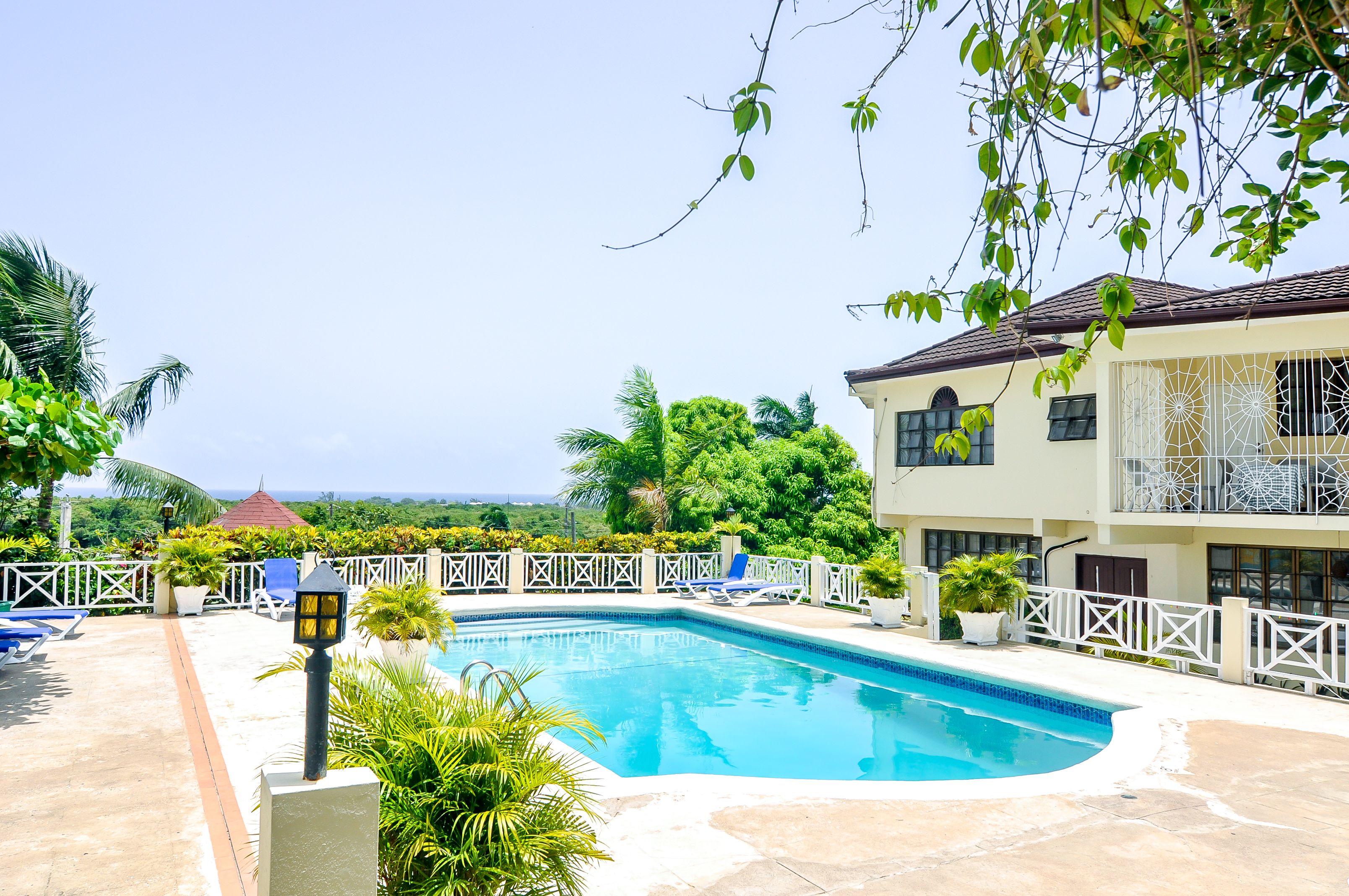 A swimming pool with a white fence, lounge chairs, and potted plants.