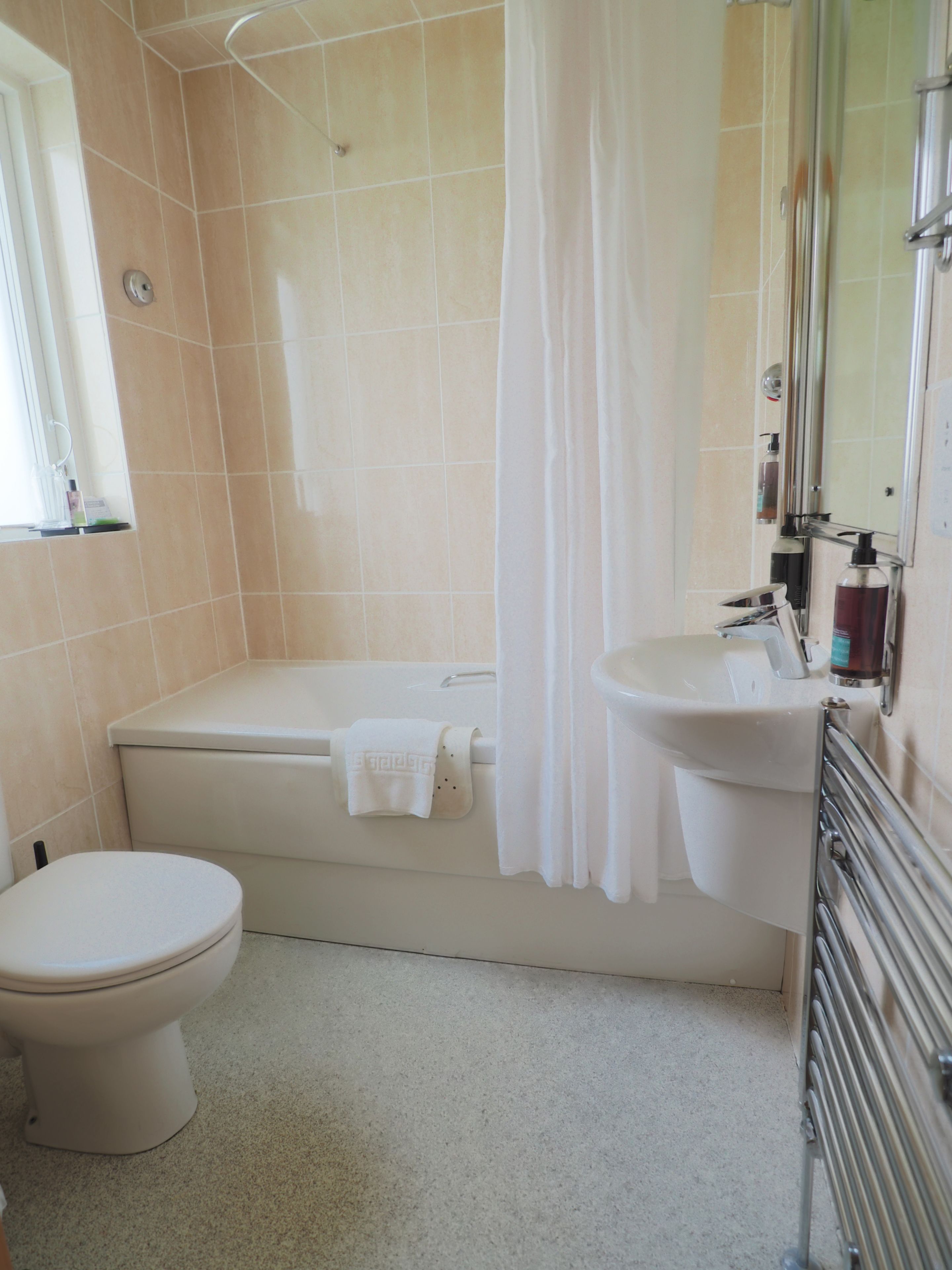 combined shower/bathtub, free toiletries, hair dryer, towels