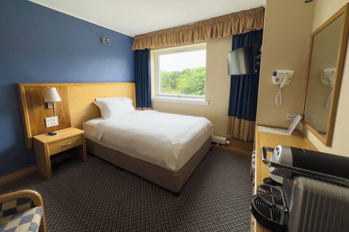 A hotel room with a bed, a nightstand, a desk, a chair, a mirror, a TV, and a hairdryer.
