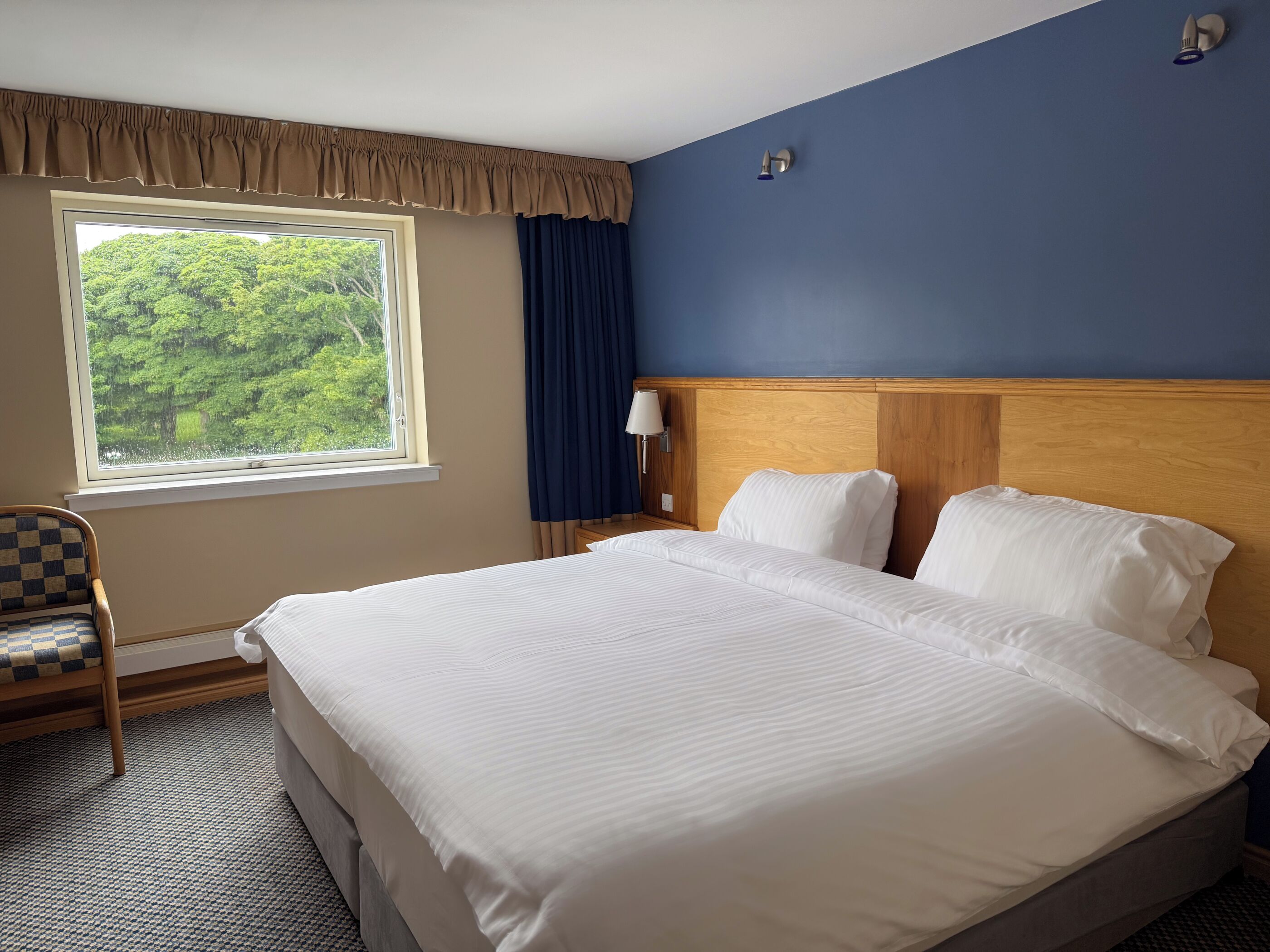 A hotel room with a large bed, a window with a view of greenery, a chair, and a nightstand with a lamp.