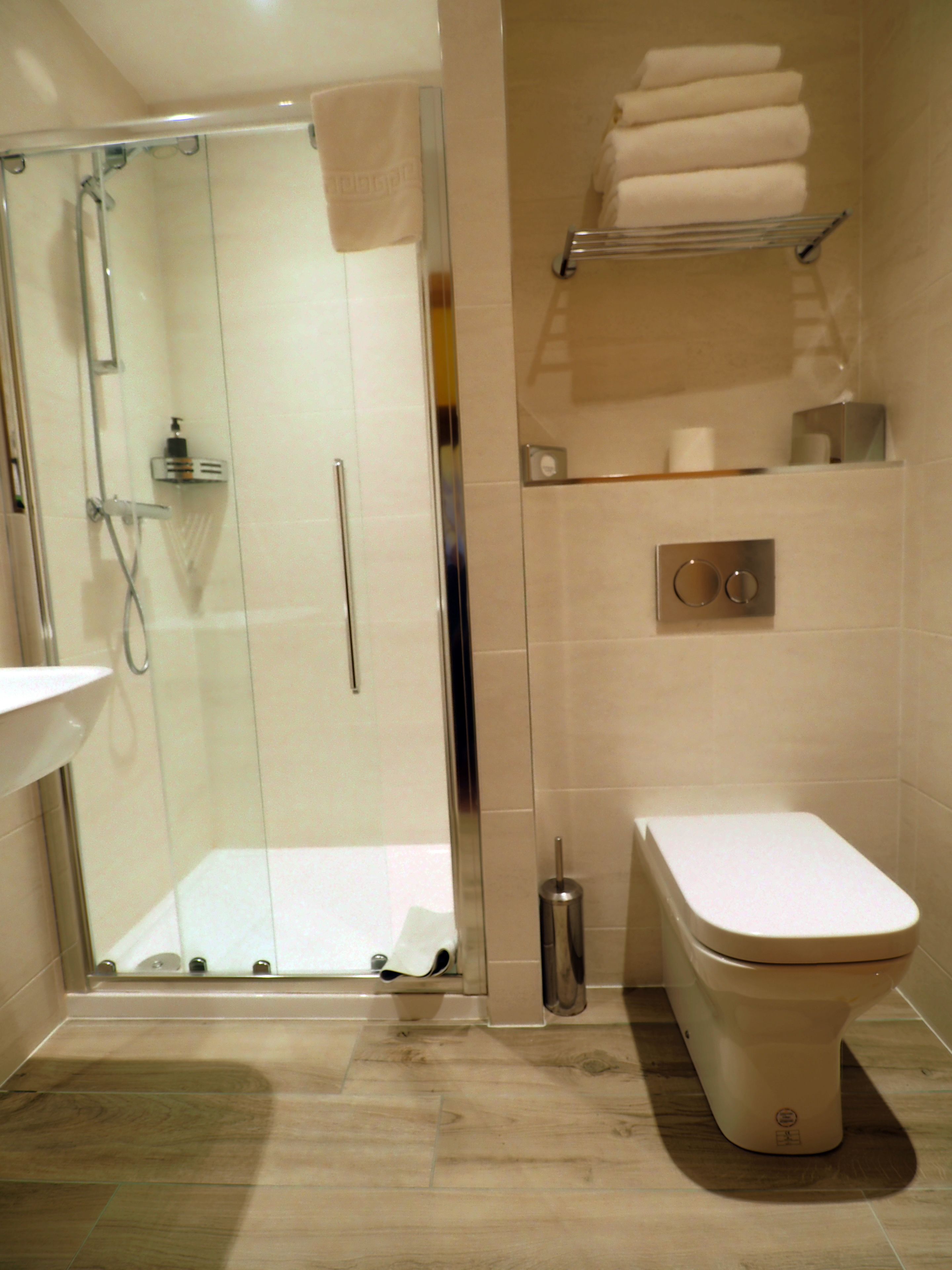 combined shower/bathtub, free toiletries, hair dryer, towels