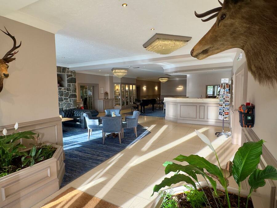 A spacious lobby with a grand piano, plush seating, and a reception desk.