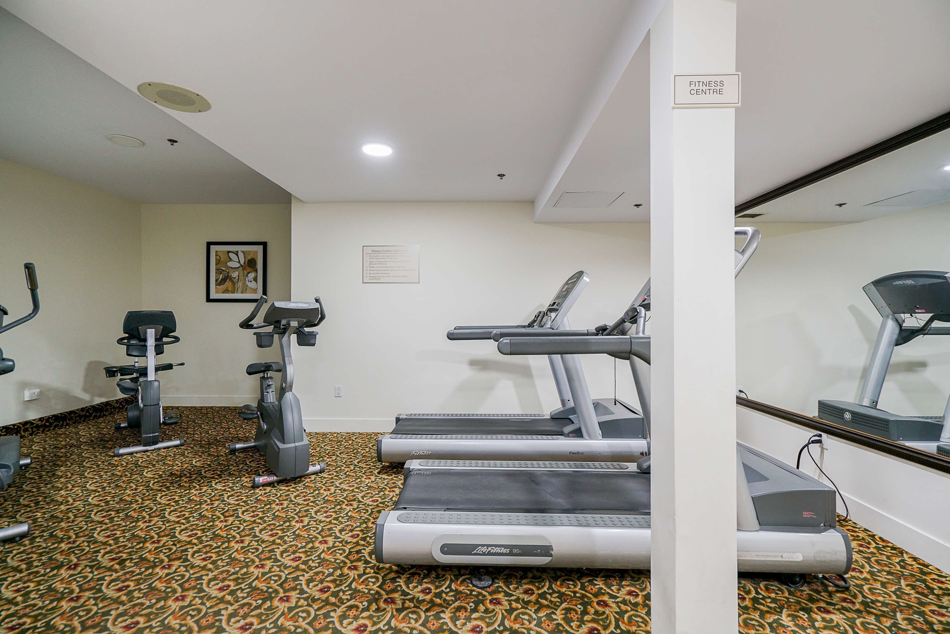 A fitness center with treadmills, elliptical machines, and weight equipment.