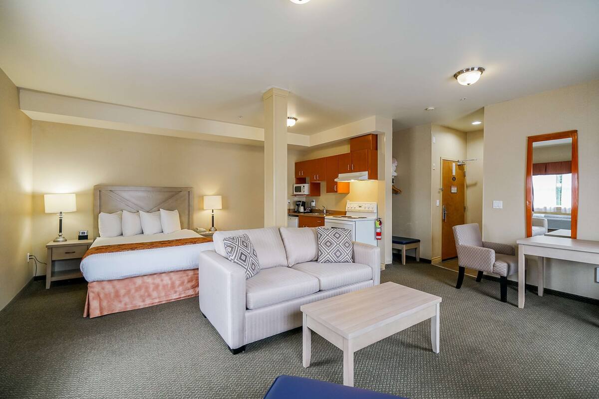 Une chambre d’hôtel comprenant un lit, un canapé, une petite table, un coin cuisine et une salle de bain.