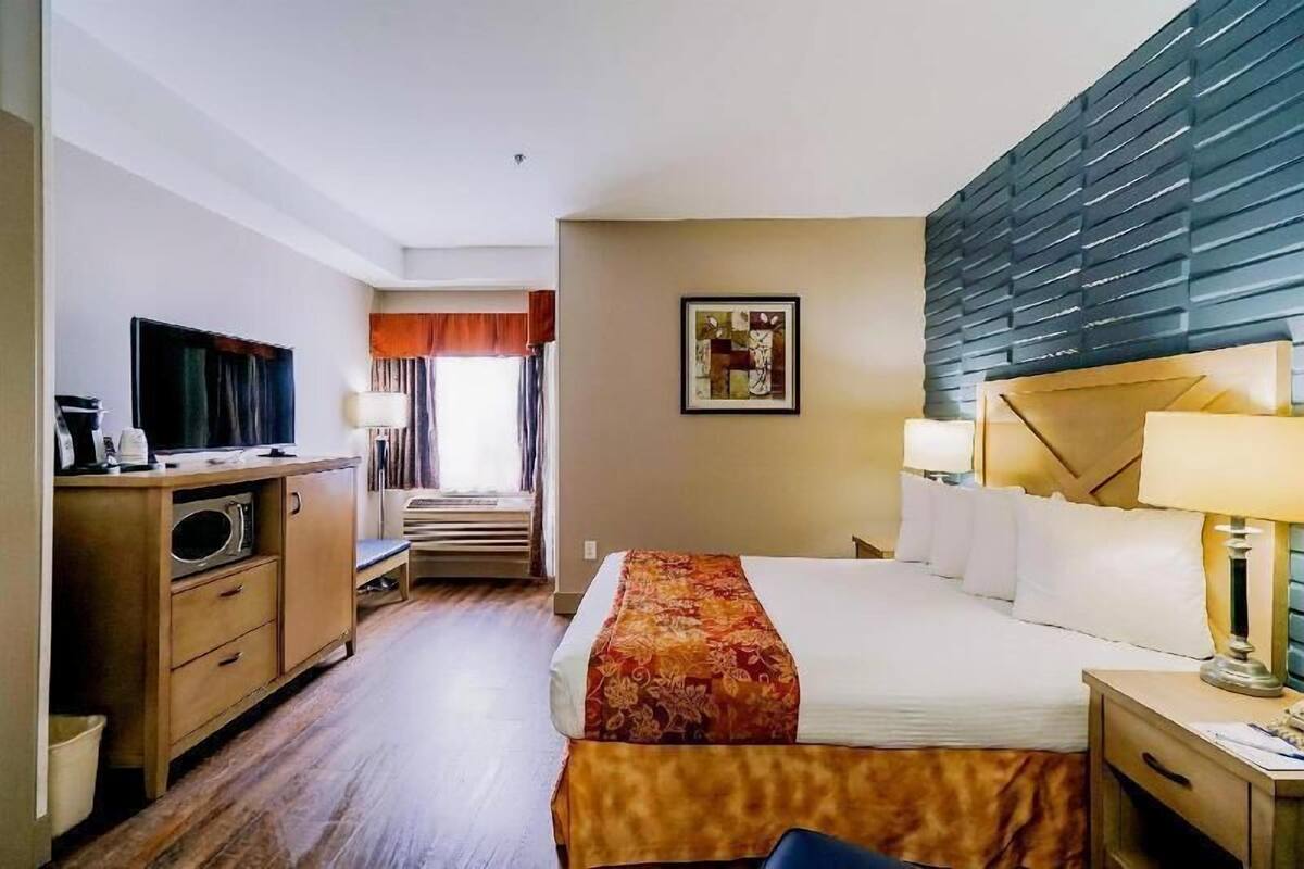 Une chambre d’hôtel comprenant un lit, un bureau avec une télévision, un four à micro-ondes et une fenêtre avec des rideaux.
