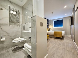 Shower, free toiletries, hair dryer, slippers