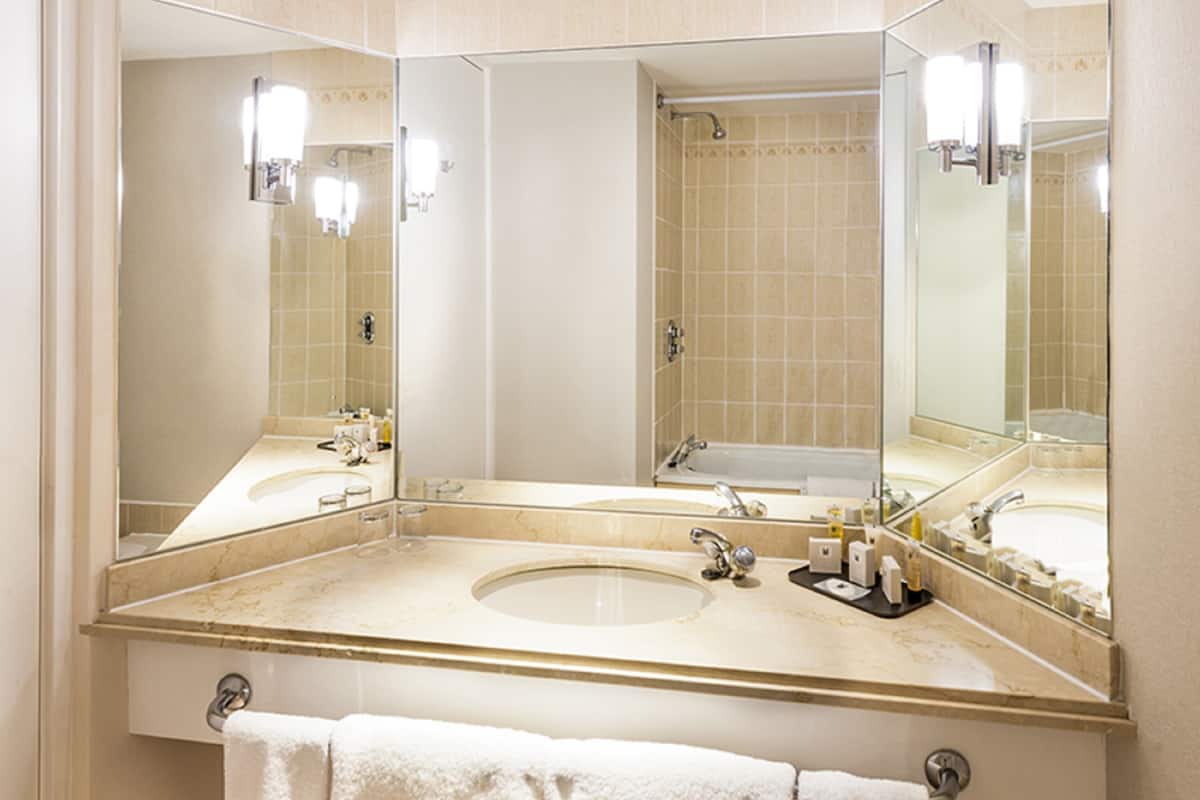 combined shower/bathtub, free toiletries, hair dryer, towels