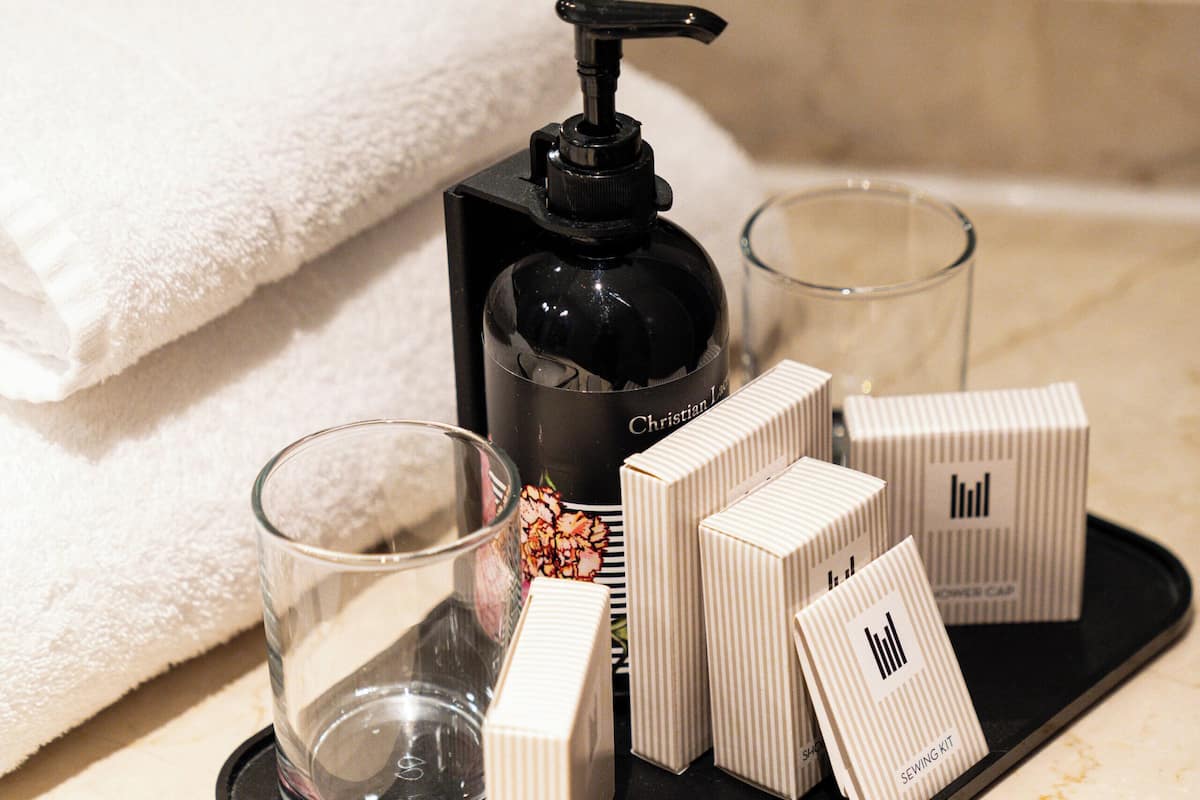 combined shower/bathtub, free toiletries, hair dryer, towels