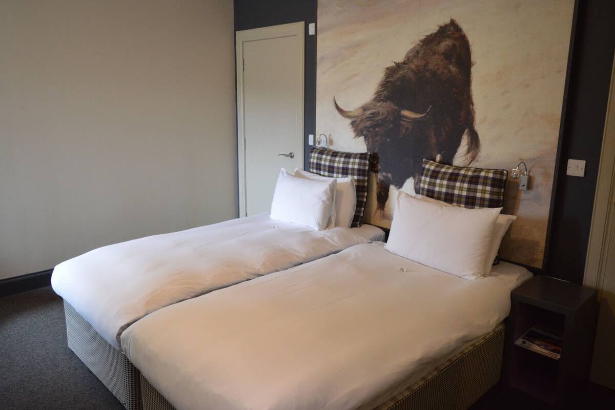 Una cama doble con sábanas blancas y almohadas de cuadros, una puerta y una pared con un cuadro grande de un búfalo.