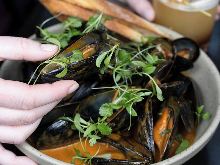 Una ciotola di cozze guarnite con erbe aromatiche, accompagnate da pane e una bevanda.
