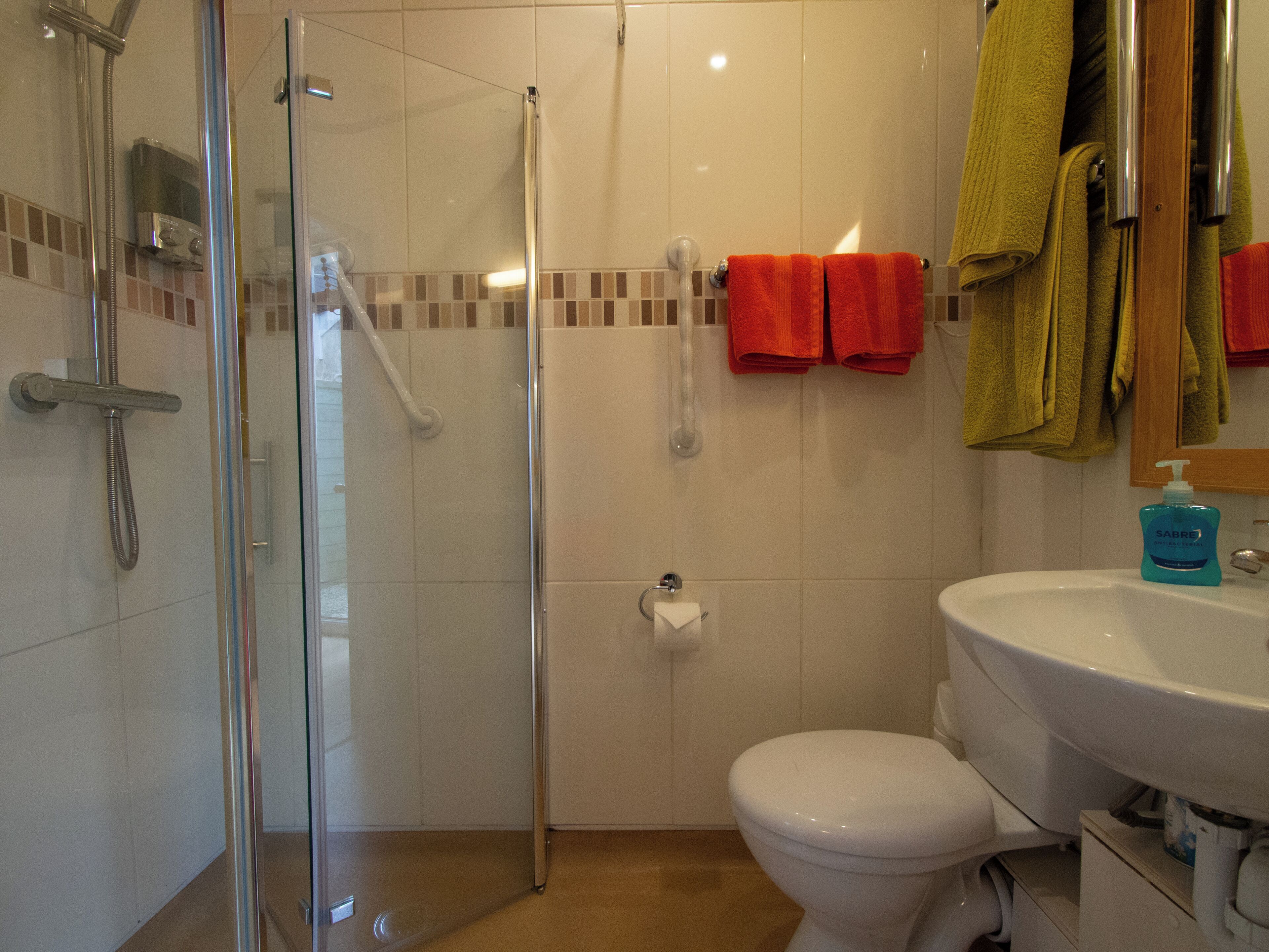 A bathroom with a glass-enclosed shower, a white toilet, and a sink with a bottle of Sabre hand soap.