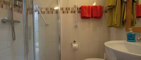A bathroom with a glass-enclosed shower, a white toilet, and a sink with a bottle of Sabre hand soap.