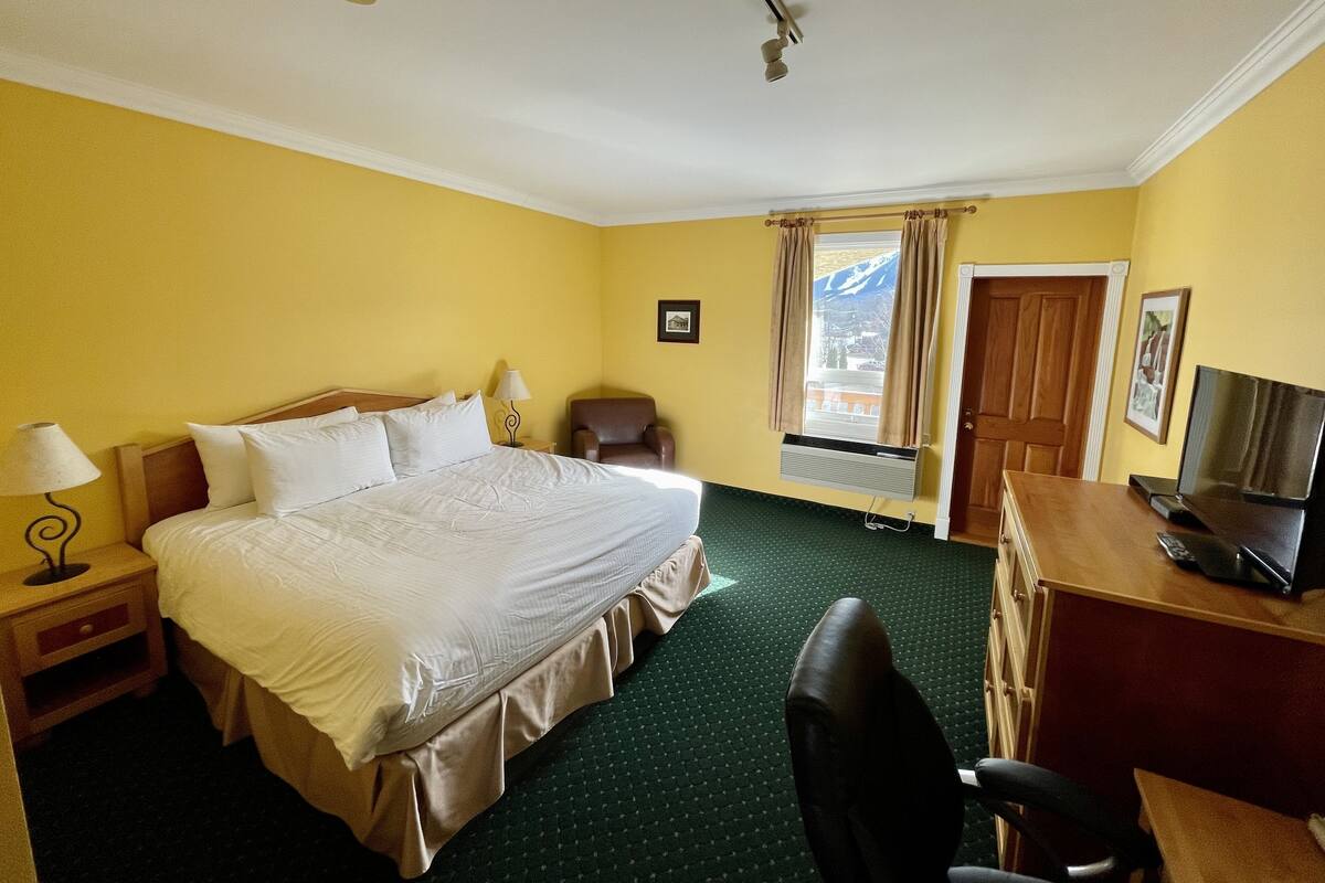 Habitación de hotel con una cama grande, un escritorio con televisor, una silla, una lámpara, un cuadro en la pared y una ventana con cortinas.