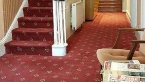 Una scala con gradini rivestiti di tappeto rosso che conduce a un pianerottolo.