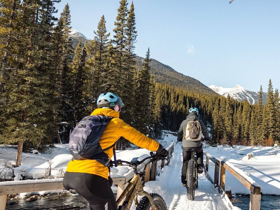Two cyclists on a snowy bridge with a forest and mountains in the background.