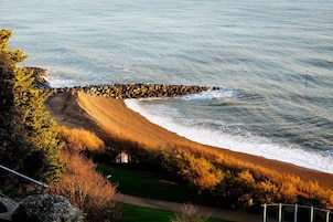 Un paisaje costero con un rompeolas rocoso, una playa arenosa y una zona cubierta de hierba y árboles.