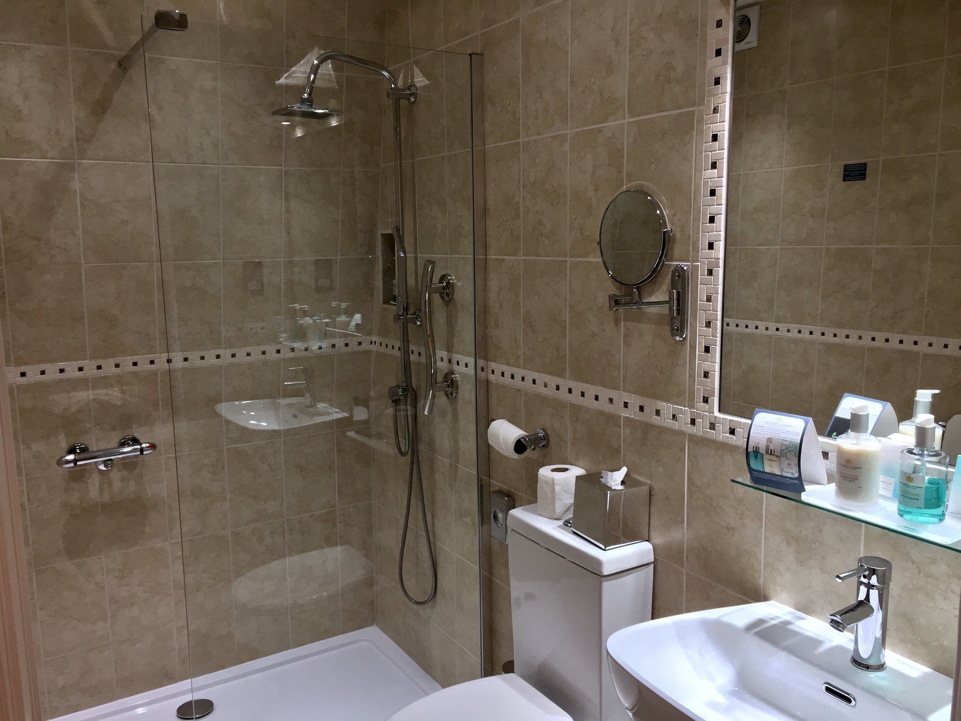 A modern bathroom with a glass-enclosed shower, a toilet, a sink, and a mirror.