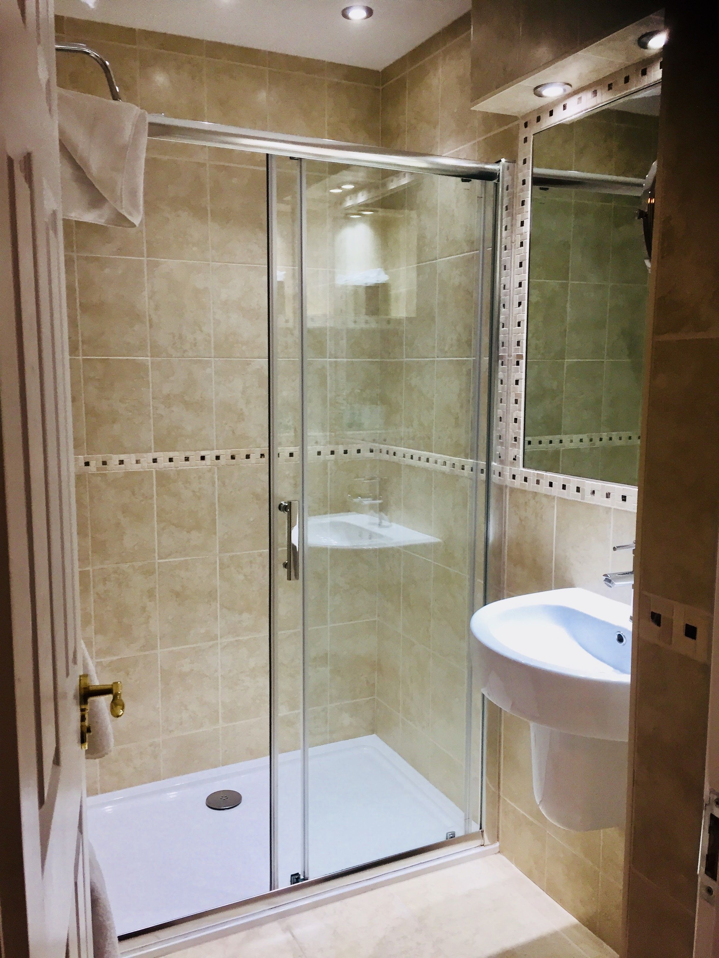 A glass-enclosed shower with a white sink and a mirror above it.