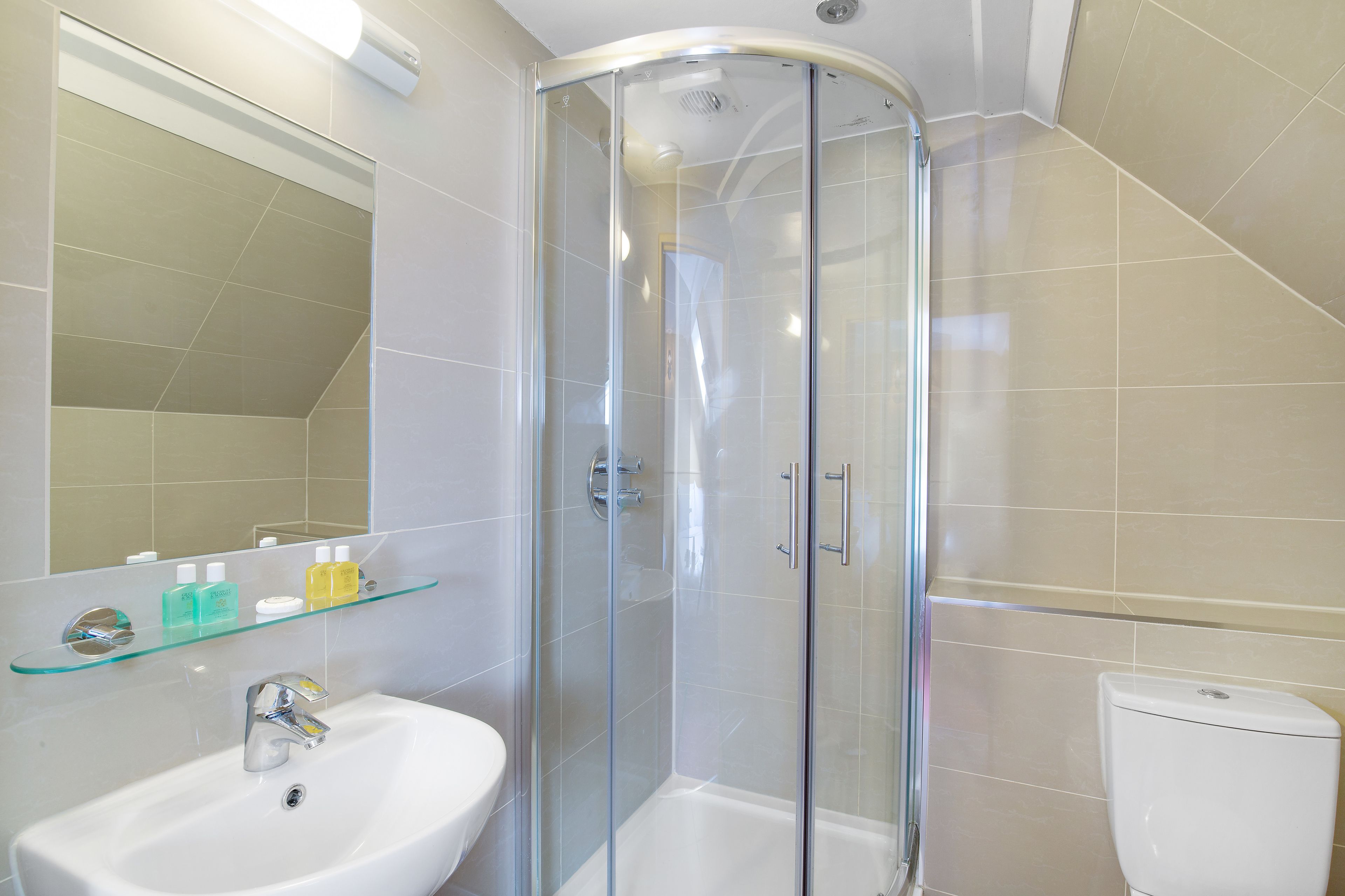 Shower, free toiletries, hair dryer, towels